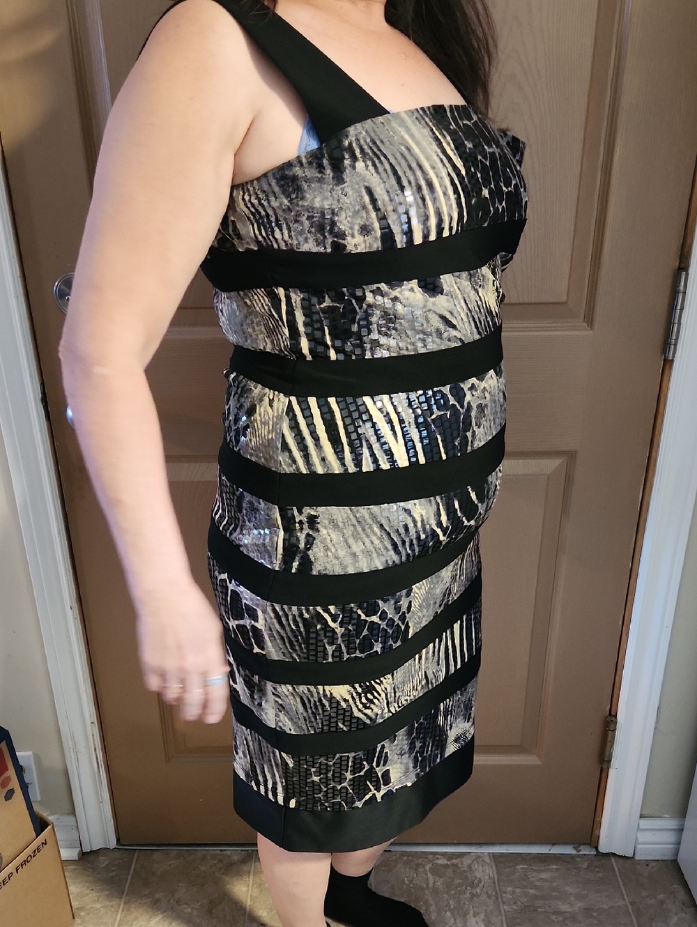 Nueva Black, Gray and Ivory Striped Animal Print Sheath Dress Sz 10